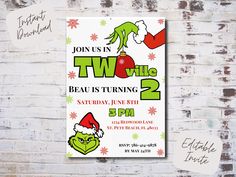 an image of the grinch birthday party card on a brick wall with christmas decorations