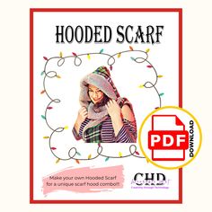 a woman wearing a hat and scarf with the text hooded scarf