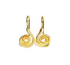 "Spiral Earrings in 24K Gold Vermeil or .925 Sterling Silver by Ilios Exquisite spiral earrings with attached hook. Perfect to wear every day! Handmade in Greece in 24K Gold Vermeil or .925 Sterling Silver.  The spiral is a largely positive ancient symbol representing eternity, change/growth, and even the evolution or movement of the universe.  Dimensions of spiral 14mm = 9/16\" They hang 3cm = 1 1/8\" from the ear. These earrings come with their own dark blue suede pouch with the ILIOS logo sta Gold Swirl Earrings For Pierced Ears, Handmade Gold Spiral Earrings, Yellow Gold Swirl Earrings For Gift, Handmade Spiral Gold Earrings, Swirl Yellow Gold Earrings For Gift, Gold Swirl Earrings With Ear Wire, Spiral Single Earring As Gift, Spiral Single Earring Gift, Gold Spiral Earrings For Pierced Ears