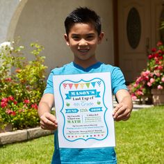 a young boy holding up a sign in front of a house that says mason's last day of 5th grade