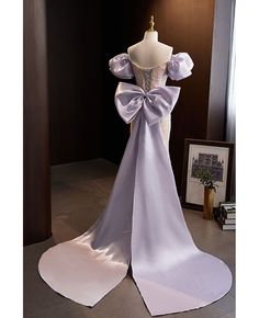 Get 10% off now! Buy off shoulder bubble sleeved long prom dress with big bow train at cheap price online. Free stable shipping and pro custom service since 2009. Dress With Big Bow, Big Bow Dress, Trumpet Prom Dress, Sequin Mermaid Dress, Prom Dresses Off The Shoulder, Prom Dress With Train, Off Shoulder Evening Dress, Sequin Evening Dresses, Fashion Illustration Dresses