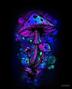 a purple and blue mushroom on a black background with splats ipad case / skin