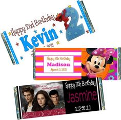 personalized birthday candy bar wrappers with mickey mouse and minnie mouse on them, including two