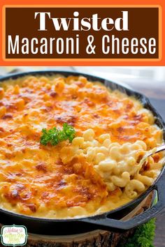 a casserole dish with macaroni and cheese in a cast iron skillet