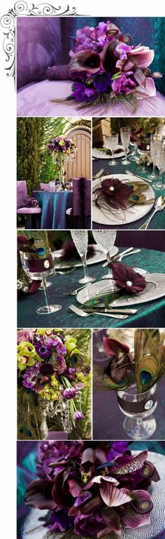 the table is set with purple flowers and place settings