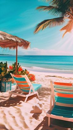 two lawn chairs sitting on top of a sandy beach next to the ocean and palm trees