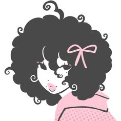 an illustration of a woman's face with curly hair and a bow on her head