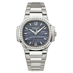 This certified authentic Patek Philippe Nautilus dress watch, with the model number 7118 has a stainless steel 33 mm irregular case with screw down crown and a factory diamonds bezel. this ladies Patek Philippe Nautilus has an attractive blue dial with index markers dial markers. The high quality Patek Philippe automatic movement will keep perfect time for you. The reliable Patek Philippe stainless steel bracelet will look great on your wrist. Brand: Patek Philippe Collection: Nautilus Model: 71 Diamond Watches Women, Patek Philippe Calatrava, Patek Philippe Watches, Silver Pocket Watch, Swiss Army Watches, Skeleton Watches, Patek Philippe Aquanaut, Invicta Watches, Patek Philippe Nautilus