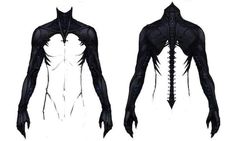 an image of the back and side view of a black alien suit with long, slender arms