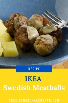 swedish meatballs with gravy and potatoes on a blue plate next to a fork