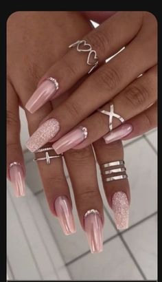 Coffin Shape Wedding Nails, Pink Chrome Birthday Nails, Pink Nails With Sparkle Accent, Pink And Rose Gold Nails Acrylic, Acrylic Long Nails Ideas, Simple Pink Gel Nails, February Pink Nails, Statement Nail Ideas, Dusty Pink Nails Rose Gold