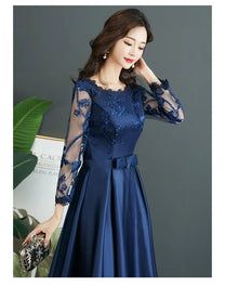 Satin Tea Length with Lace Long Sleeves Bridesmaid Dress, Blue Short P – Buyishang Dresses Royal Blue Long Sleeve Dress For Banquet, Blue Bridesmaid Dress For Prom Season Party, Royal Blue Long Sleeve Prom Dress, Royal Blue Long Sleeve Wedding Dress, Blue A-line Bridesmaid Dress For Prom, Elegant Blue Bridesmaid Dress For Banquet, Blue A-line Gown For Party, Blue A-line Party Gown, Royal Blue Bridesmaid Dress For Prom Season