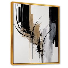 an abstract painting with black, white and gold colors on the wall in a golden frame