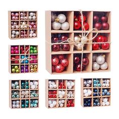 an assortment of christmas ornaments in wooden boxes