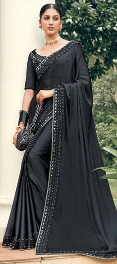 Black and Grey color Saree in Chiffon fabric with Embroidered, Mirror, Thread work Black Embellished Georgette Saree, Formal Black Saree With Mirror Work, Formal Black Embroidered Saree, Saree For Engagement, Contemporary Saree, Indian Designer Sarees, Lehenga Style