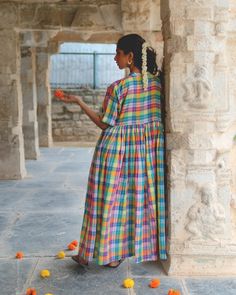 A free flowing heavily gathered dress with mandarin collar in a beautifully handwoven madras checks with an embellished stitch of Kantha. Madras Checks Dress, Festive Multicolor Handloom Dress, Madras Checks, Gathered Dress, Checkered Dress, Check Dress, Free Flowing, Us Country, Mandarin Collar