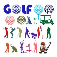 the silhouettes of people playing golf are shown in different colors and styles, including red, white, blue, green, and black