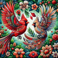 two red birds sitting on top of each other in front of flowers and leaves,