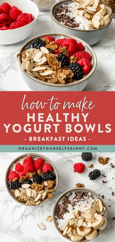 healthy yogurt bowls with berries and granola in them