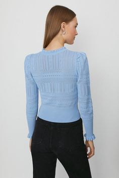 So feminine. So pretty. This jumper is so you. Designed using a pointelle technique, the knit features an on-trend ruffled neck and puffed shoulders, alongside flared cuffs for a super special touch. Knitted Jumper, Jumpers And Cardigans, So Pretty, Cardigans, Knitwear, Jumper, Buy Online