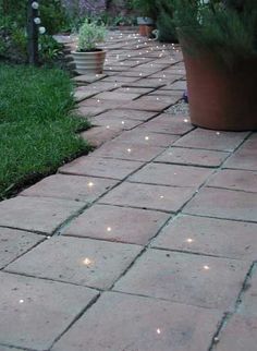 a brick walkway with lights on it and potted plants in the background