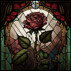 a stained glass window with a rose in it