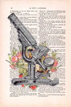 an old book page with a drawing of a microscope on top of it, surrounded by flowers