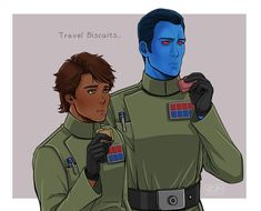 two people dressed in star trek uniforms, one with blue skin and the other wearing black gloves