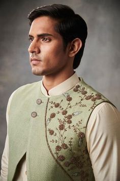 Shop for Gargee Designers Green Silk Jacquard Embroidered Bundi And Kurta Set for Men Online at Aza Fashions Kurta Set For Men, Embroidered Motifs, White Kurta, Nehru Jackets, Fabric Silk, Kurta Set, Green Silk, Cotton Silk, Aza Fashion