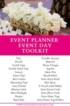 the event planner tool kit is displayed on a table with white flowers and place cards