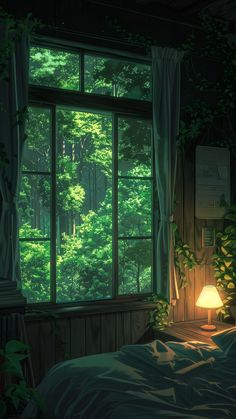 a bedroom with an open window and green trees outside the window is lit by a lamp