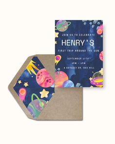 an outer space themed birthday party card and envelope