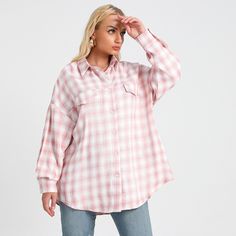 F00207820-108 Oversized Plaid Shirts, Blouse Korean Style, Curves And Confidence, Plus Size Plaid, Short Blouses, Colorful Crop Tops, Autumn Wardrobe, Spring Fashion Outfits, Long Sleeve Plaid Shirt