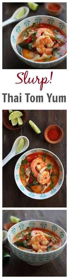 two pictures showing different types of soups in bowls with the words slurps thai tom yum