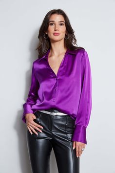 Nothing beats the chic factor and luxe patina of a Silk Satin shirt. Our button-down design features a v-neckline that is perfect for layering under a blazer or wearing on its own- you will live in this shirt all season long. Elie Tahari Exclusive Long Sleeve Silk Satin Button Down shirt 100% Silk Relaxed Fit; Runs true to size. Model is 5'9" and wearing size S Length From Shoulder to Hem: Back 26"L, Sleeve 32.5"L (approx. length for size S) Dry Clean Only Imported Style #: E807G524 Satin Button Down Shirt, Bright Winter, Satin Pants, Satin Blouses, Satin Shirt, Elie Tahari, Pair Of Pants, The Chic, Silk Satin