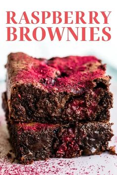 chocolate raspberry brownies stacked on top of each other with the title overlay