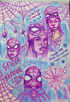 a drawing of spider - man and two women with their faces covered by webs