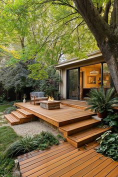 ground level patio deck with firepit Landscaping Elements, Wooden Deck, English Cottage Style, Have Inspiration, Backyard Inspiration, Ideas Garden