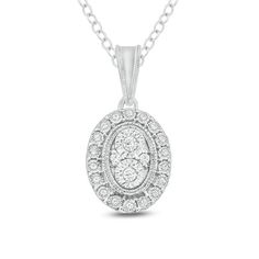 Sophistication shimmers in every detail of this vintage-inspired diamond pendant. Crafted in sterling silver, this exquisite style features an oval-shaped composite of diamonds - the largest two artfully set to enhance size and sparkle. A double border intricate milgrain and a frame of artfully set diamonds complete the look. Radiant with 1/10 ct. t.w. of diamonds and a brilliant buffed luster, this pendant suspends from a milgrain-detailed bail along an 18.0-inch cable chain that secures with a Classic Oval Pendant Diamond Necklace For Wedding, Diamond White Oval Pendant Diamond Necklace For Wedding, Classic Oval Pendant Diamond Necklace For Formal Occasions, Classic Oval Pendant Diamond Necklace For Formal Events, Timeless Oval Pendant Diamond Necklace, Diamond White Oval Pendant Necklace For Wedding, White Oval Diamond Necklace With Single Cut Diamonds, White Diamond Necklace With Oval Pendant, White Diamond Necklace With Oval Shape For Anniversary