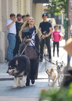 a woman walking two dogs on a leash down a sidewalk with other people and buildings in the background