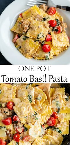 one pot tomato basil pasta in a skillet and the other side is topped with spinach