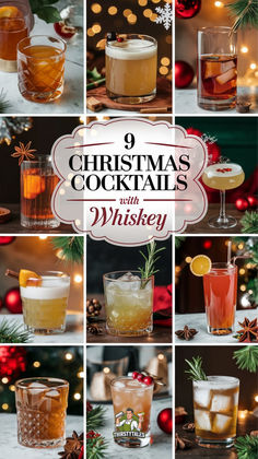 christmas cocktails collage with the words, 9 christmas cocktails with whiskey