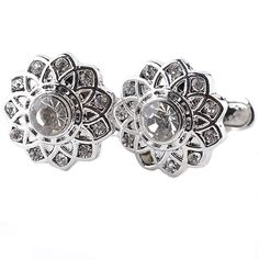 Enjoy the elegance of these cufflinks richly appointed with crystals. These are sure to highlight the cuffs on your crisp cuff shirt. This set includes a silver finish with a flower design making it more unique than typical cufflinks. Crystals and silver texture is infused throughout the flower which creates almost an antique look and feel. A classic and timeless addition to any collection. Specifications Metal Type: Zinc Alloy Shape\pattern: Flower Stone Colors: White Metal Finish: Silver Silver Texture, Flower Cuff, Shirt Cuff, Mens Accessories Jewelry, Pearl Types, Diamond Flower, Crystal Flower, Business Gifts, Brilliant Diamond