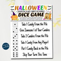 Halloween Candy Exchange Dice Game, Halloween Party Game — TidyLady Printables Old Fashioned Fall Festival Games, Halloween Games For Groups, Lds Halloween Ward Party, Fun Halloween Party Games For Kids, Pumpkin Games For Kids, Halloween Games For Kids At School, Halloween Childrens Crafts, Halloween Party Activities For Teenagers, School Halloween Party Games