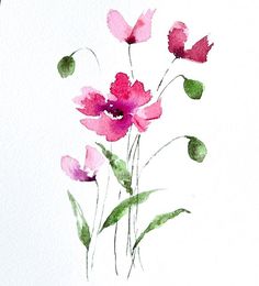 watercolor painting of pink flowers on white paper