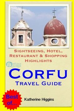 the front cover of a travel guide for corfu, featuring two domed buildings