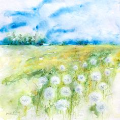 watercolor painting of dandelions in a field with blue sky and white clouds