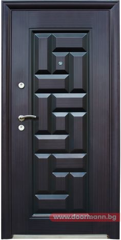 a black door with geometric designs on the front and side panels, as well as metal handles