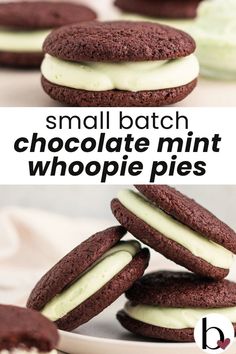 small batch chocolate mint whoopie pies are stacked on top of each other