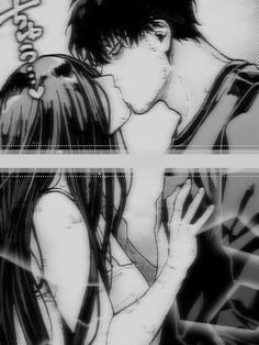 two anime characters kissing each other in front of a white and black background with the words love